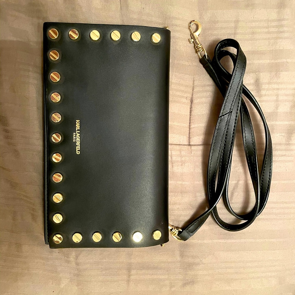 Karl Lagerfeld Black Gold Studded Crossbody Clutch